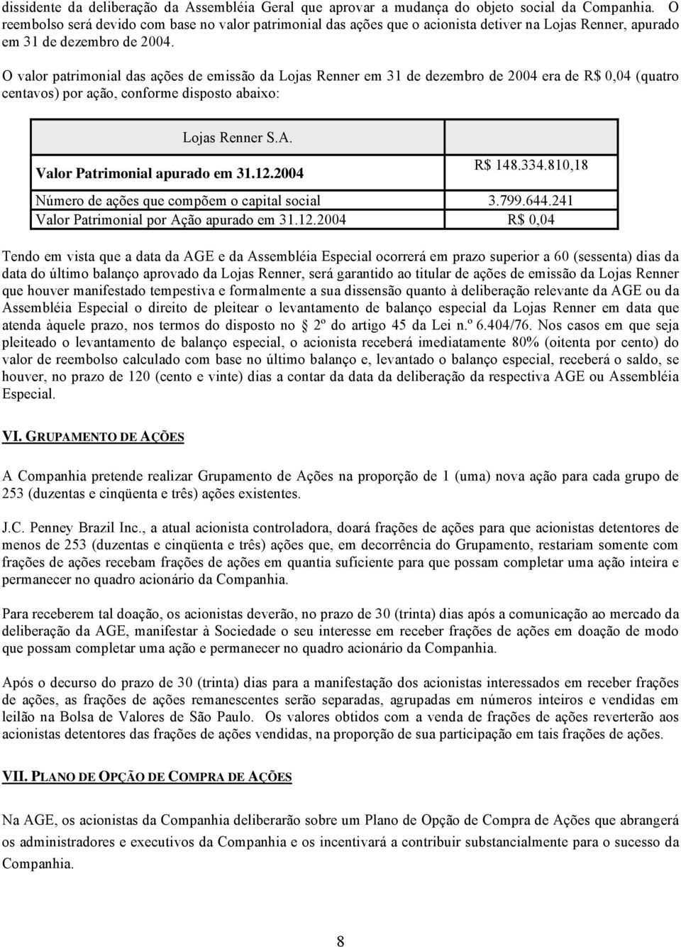 O valor patrimonial das ações de emissão da Lojas Renner em 31 de dezembro de 2004 era de R$ 0,04 (quatro centavos) por ação, conforme disposto abaixo: Lojas Renner S.A.