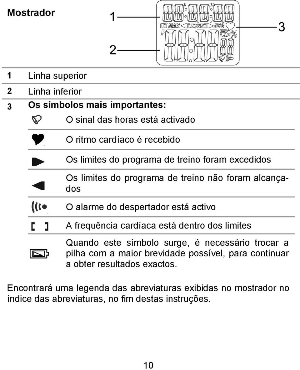 frequência cardíaca está dentro dos limites Quando este símbolo surge, é necessário trocar a pilha com a maior brevidade possível, para