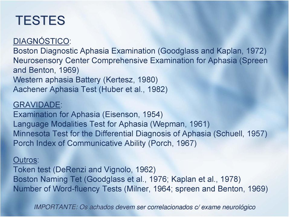, 1982) GRAVIDADE: Examination for Aphasia (Eisenson, 1954) Language Modalities Test for Aphasia (Wepman, 1961) Minnesota Test for the Differential Diagnosis of Aphasia (Schuell,