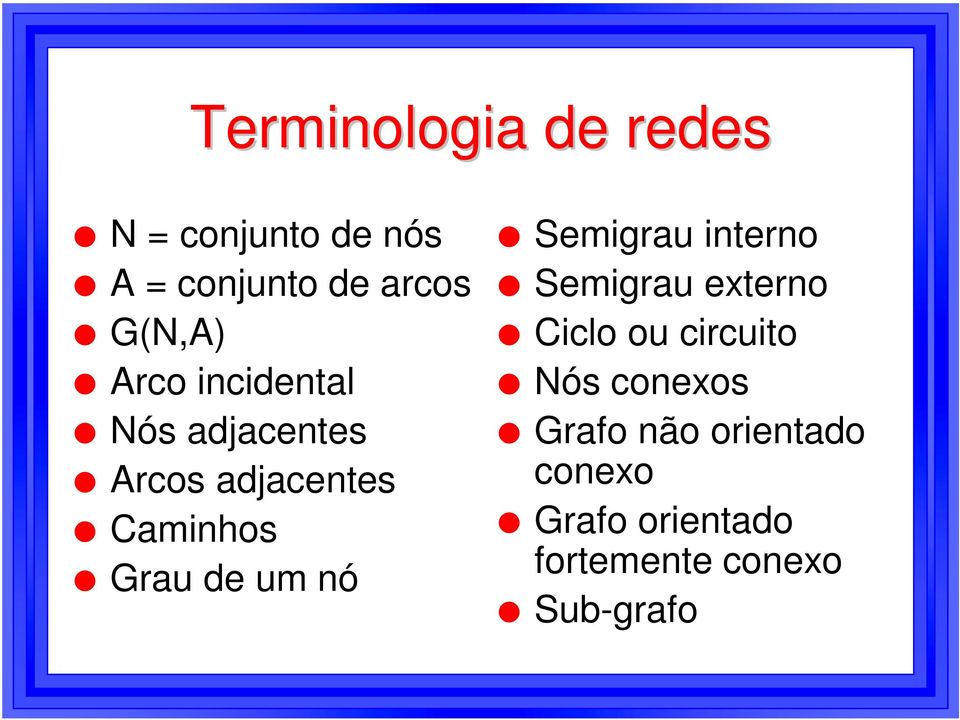 Grau de um nó! Semigrau interno! Semigrau externo! Ciclo ou circuito!