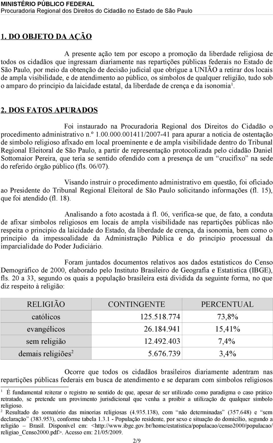 laicidade estatal, da liberdade de crença e da isonomia 1. 2. DOS FATOS APURADOS Foi instaurado na Procuradoria Regional dos Direitos do Cidadão o procedimento administrativo n.º 1.00.000.