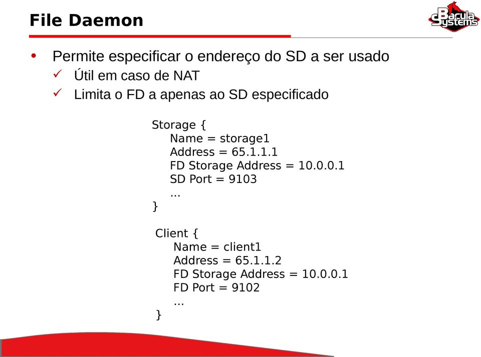 Address = 65.1.1.1 FD Storage Address = 10.0.0.1 SD Port = 9103.