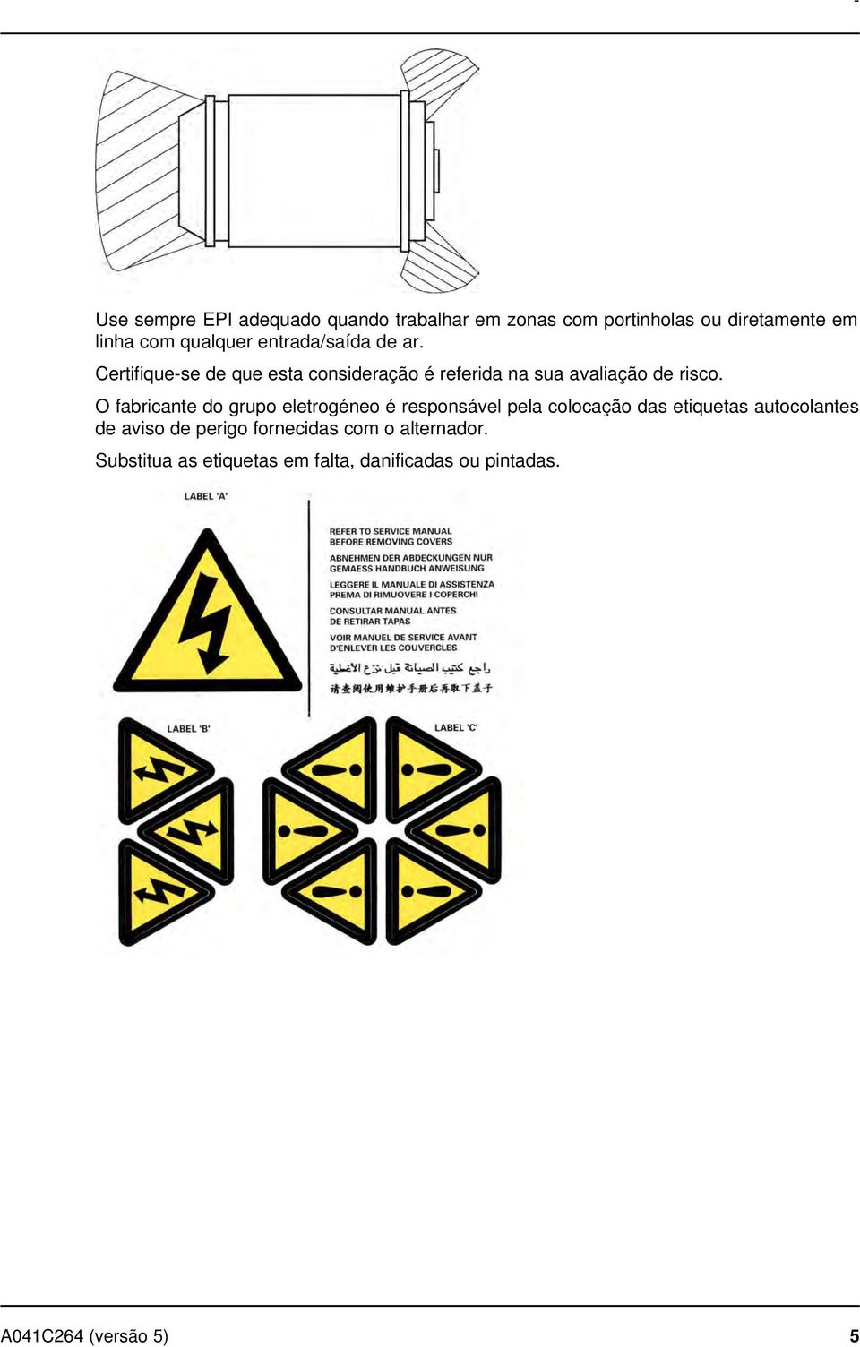 O fabricante do grupo eletrogéneo é responsável pela colocação das etiquetas autocolantes de aviso de