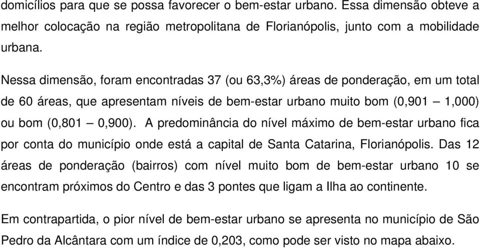 A predominância do nível máximo de bem-estar urbano fica por conta do município onde está a capital de Santa Catarina, Florianópolis.