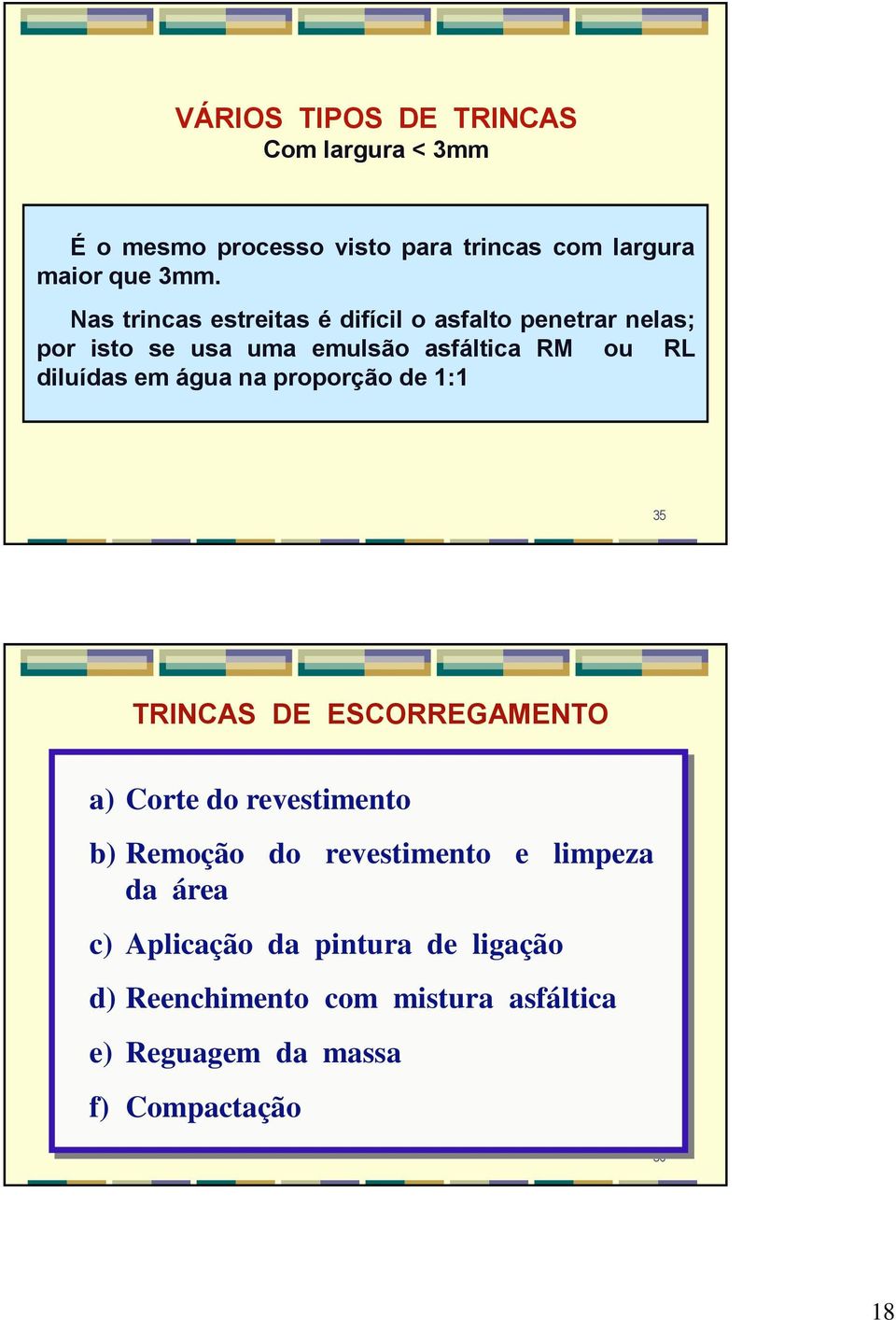 em água na proporção de 1:1 35 TRINCAS DE ESCORREGAMENTO a) Corte do revestimento b) Remoção do revestimento e