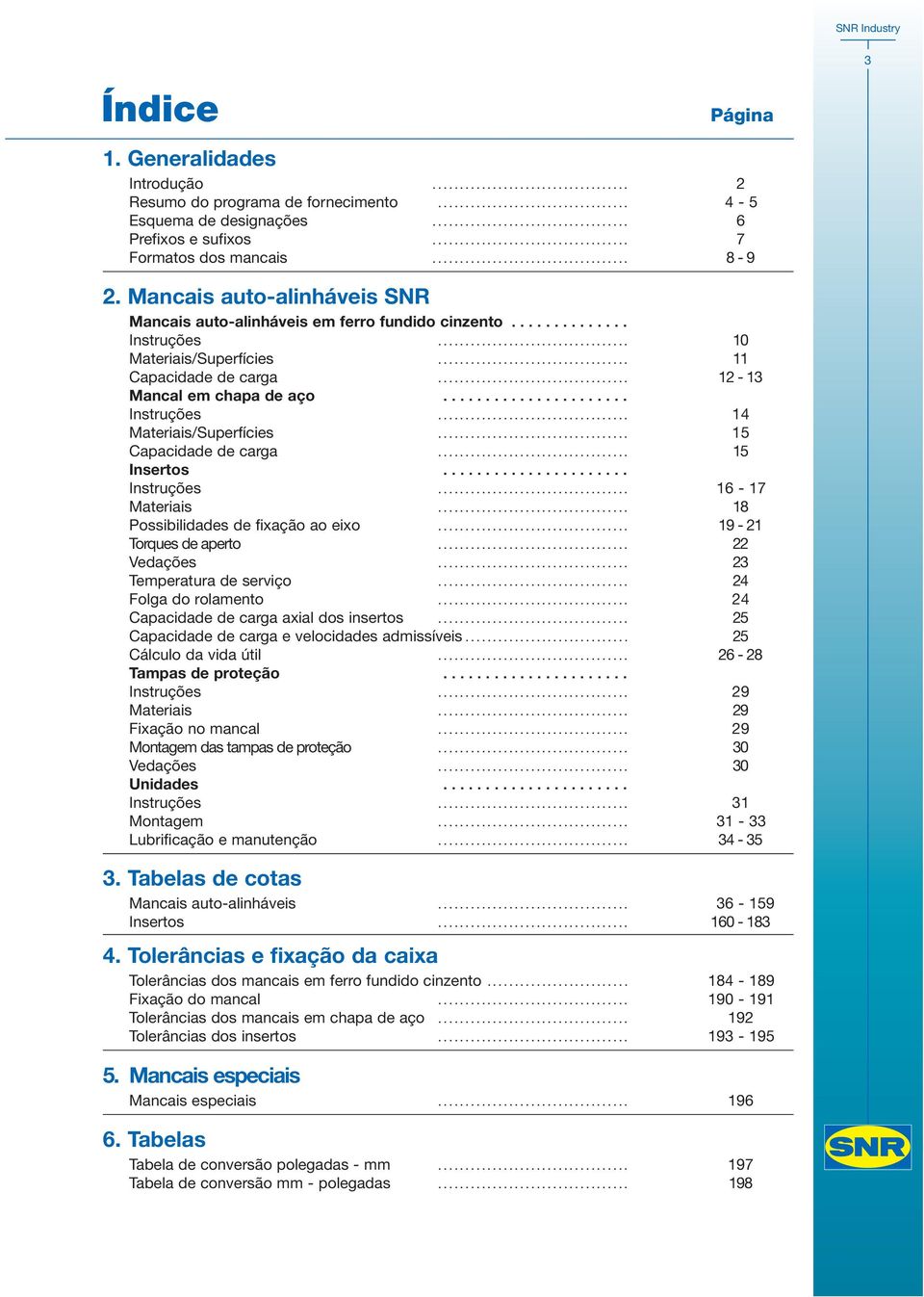 Mancais auto-alinháveis SNR Mancais auto-alinháveis em ferro fundido cinzento.............. Instruções................................... 10 Materiais/Superfícies................................... 11 Capacidade de carga.