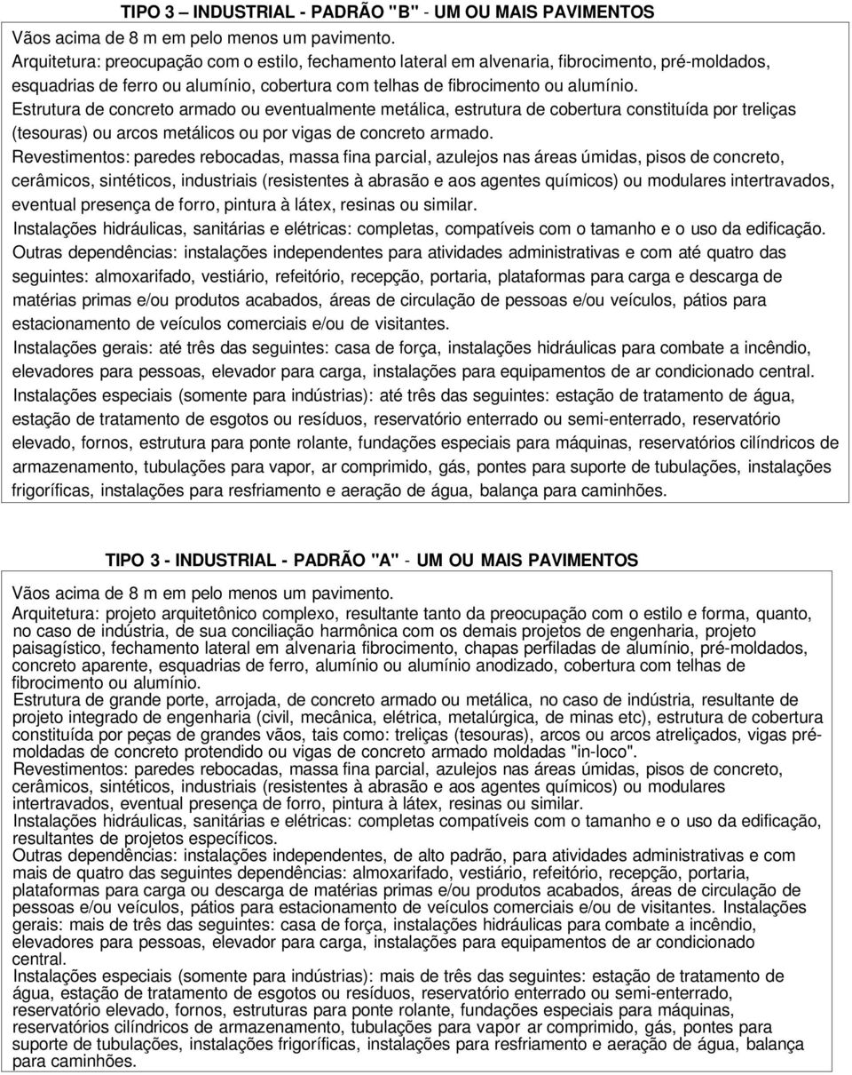 Estrutura de concreto armado ou eventualmente metálica, estrutura de cobertura constituída por treliças (tesouras) ou arcos metálicos ou por vigas de concreto armado.