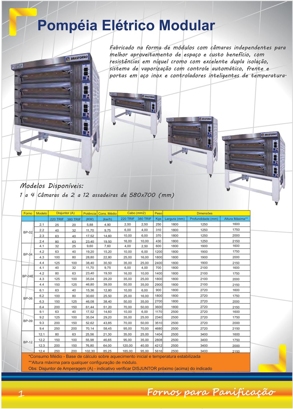 Modelos Disponíveis: 1 a 4 Câmaras de 2 a 12 assadeiras de 5x700 (mm) Forno BP-02 BP-04 BP-04E BP-06 BP-09 BP-12 Modelo 2.1 2.2 2.3 2.4 4.1 4.2 4.3 4.4 4.1 4.2 4.3 4.4 6.1 6.2 6.3 6.4 9.1 9.2 9.3 9.