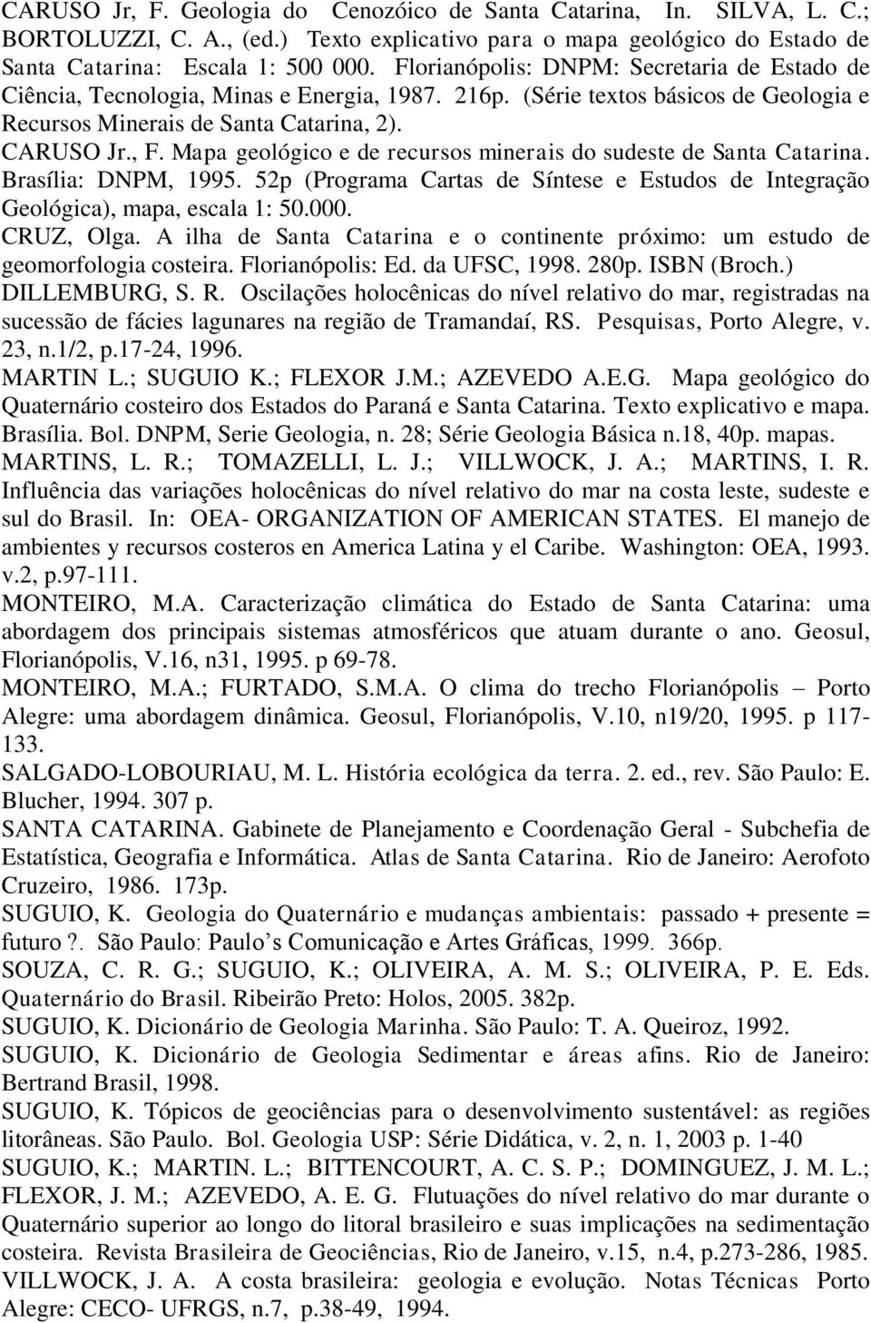 Mapa geológico e de recursos minerais do sudeste de Santa Catarina. Brasília: DNPM, 1995. 52p (Programa Cartas de Síntese e Estudos de Integração Geológica), mapa, escala 1: 50.000. CRUZ, Olga.
