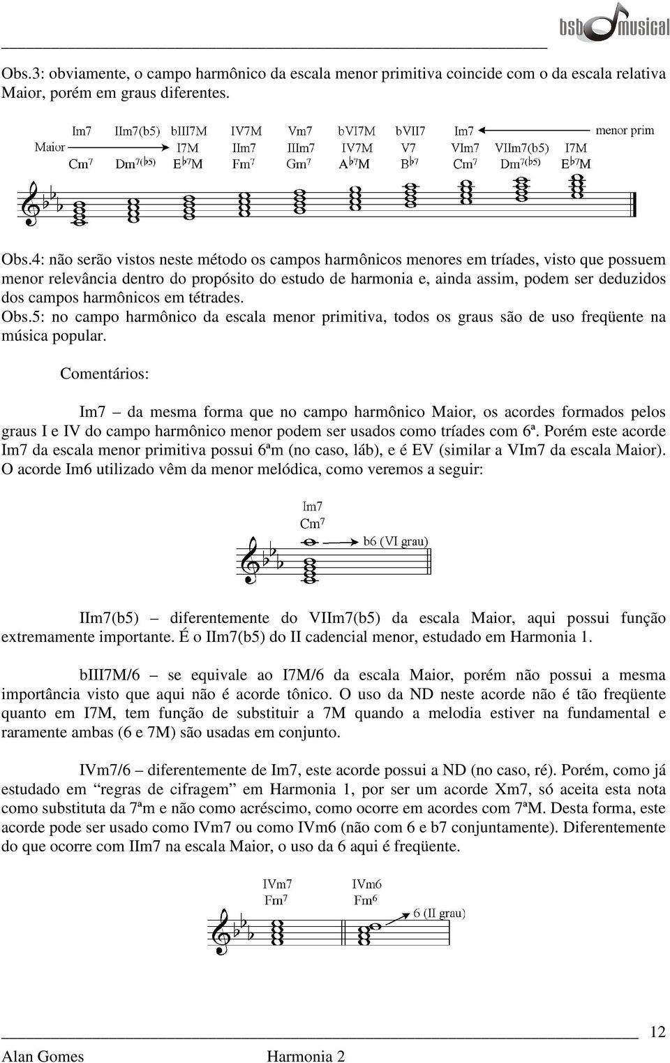 harmônicos em tétrades. Obs.5: no campo harmônico da escala menor primitiva, todos os graus são de uso freqüente na música popular.