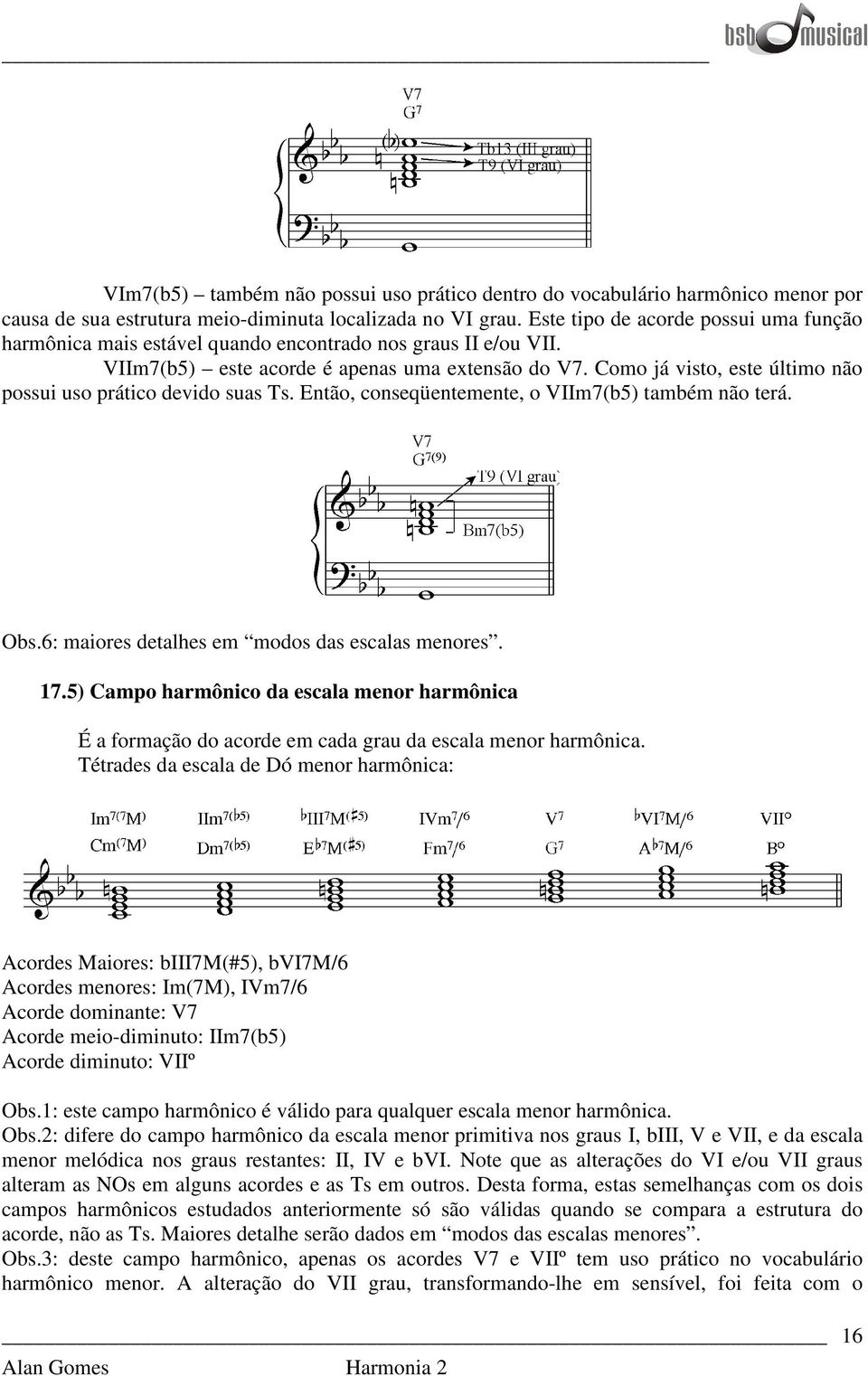 Como já visto, este último não possui uso prático devido suas Ts. Então, conseqüentemente, o VIIm7(b5) também não terá. Obs.6: maiores detalhes em modos das escalas menores. 17.