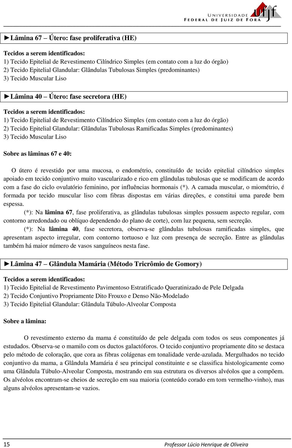 Glândulas Tubulosas Ramificadas Simples (predominantes) 3) Tecido Muscular Liso Sobre as lâminas 67 e 40: O útero é revestido por uma mucosa, o endométrio, constituído de tecido epitelial cilíndrico