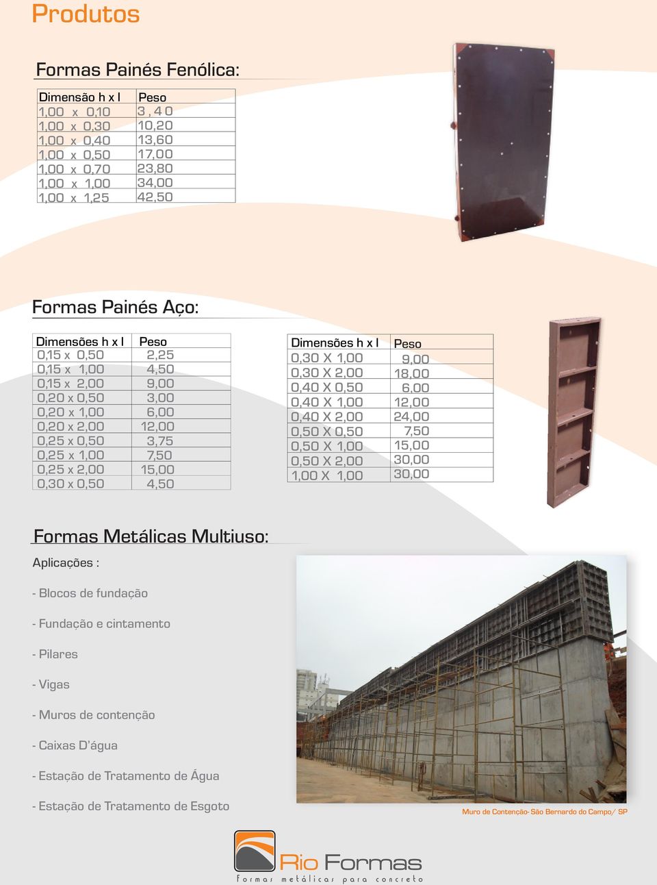 Dimensões h x l 0,30 X 1,00 0,30 X 2,00 0,40 X 0,50 0,40 X 1,00 0,40 X 2,00 0,50 X 0,50 0,50 X 1,00 0,50 X 2,00 1,00 X 1,00 Peso 9,00 18,00 6,00 12,00 24,00 7,50 15,00 30,00 30,00 Formas Metálicas