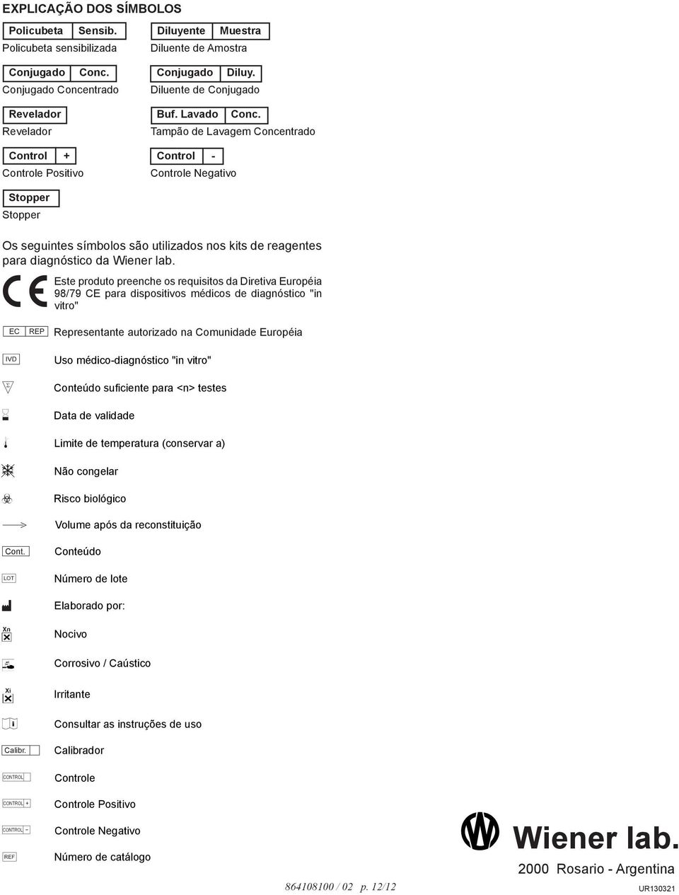 Revelador Control + Control - Controle Positivo Stopper Stopper Tampão de Lavagem Concentrado Controle Negativo Os seguintes símbolos são utilizados nos kits de reagentes para diagnóstico da Wiener