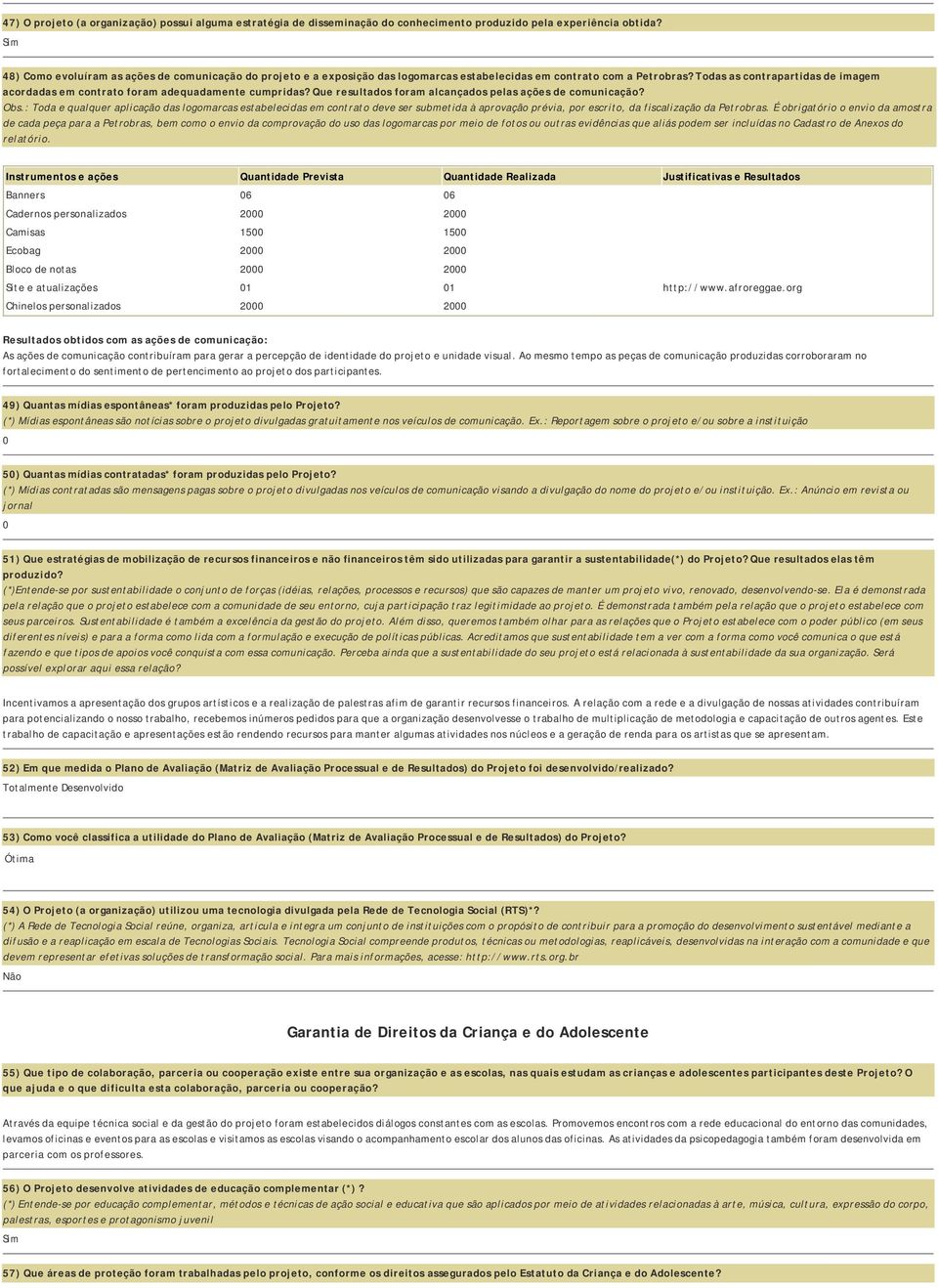 Todas as contrapartidas de imagem acordadas em contrato foram adequadamente cumpridas? Que resultados foram alcançados pelas ações de comunicação? Obs.