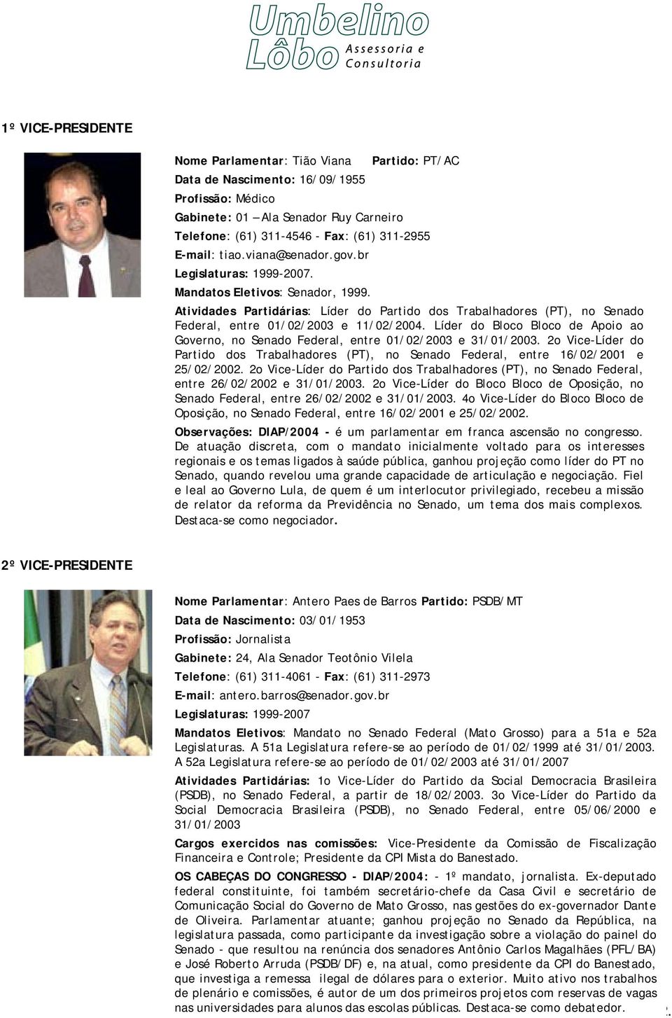 Atividades Partidárias: Líder do Partido dos Trabalhadores (PT), no Senado Federal, entre 01/02/2003 e 11/02/2004.