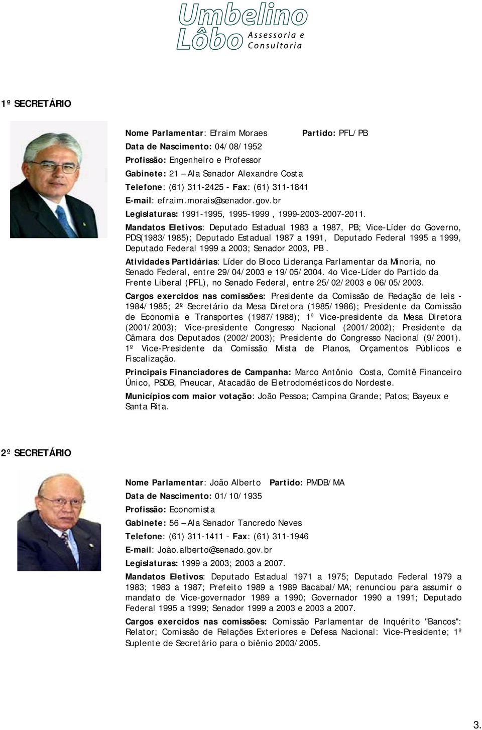 Mandatos Eletivos: Deputado Estadual 1983 a 1987, PB; Vice-Líder do Governo, PDS(1983/1985); Deputado Estadual 1987 a 1991, Deputado Federal 1995 a 1999, Deputado Federal 1999 a 2003; Senador 2003,