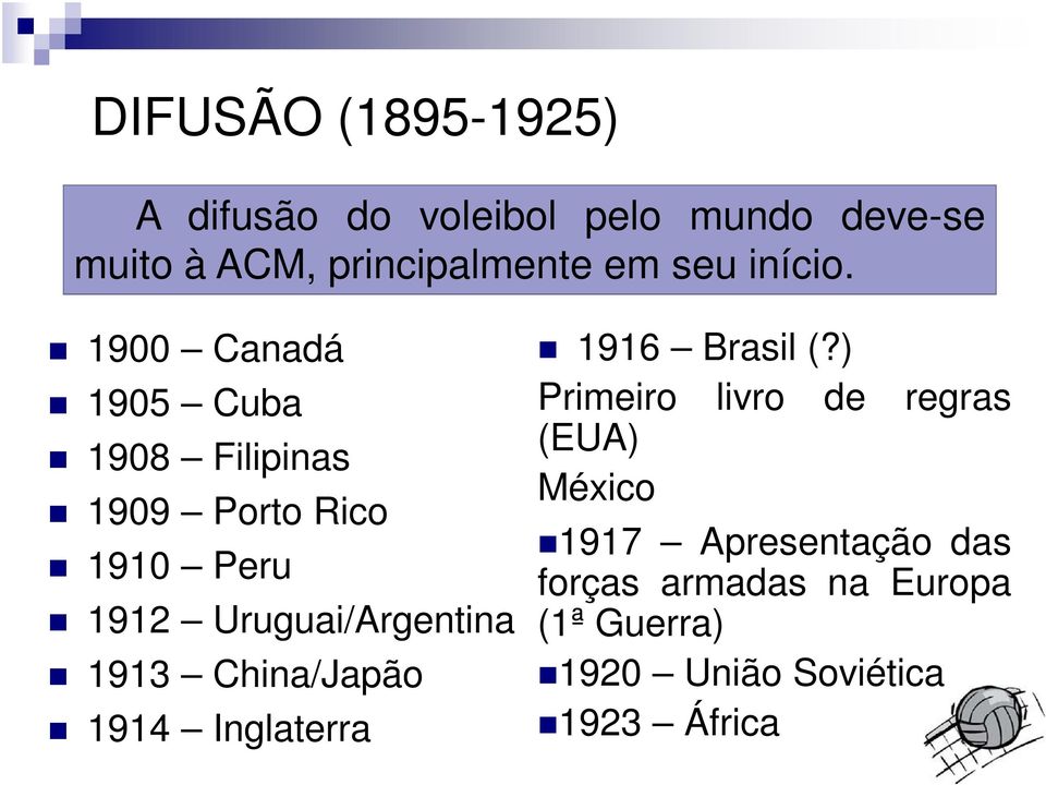 1900 Canadá 1905 Cuba 1908 Filipinas 1909 Porto Rico 1910 Peru 1912 Uruguai/Argentina 1913