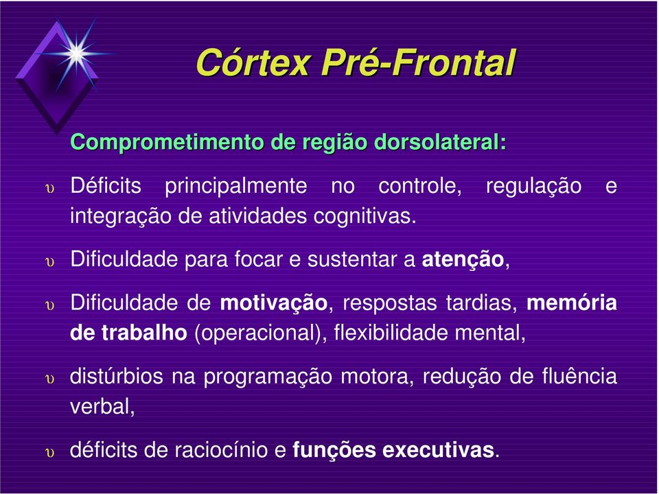 Dificuldade para focar e sustentar a atenção, Dificuldade de motivação, respostas tardias, memória