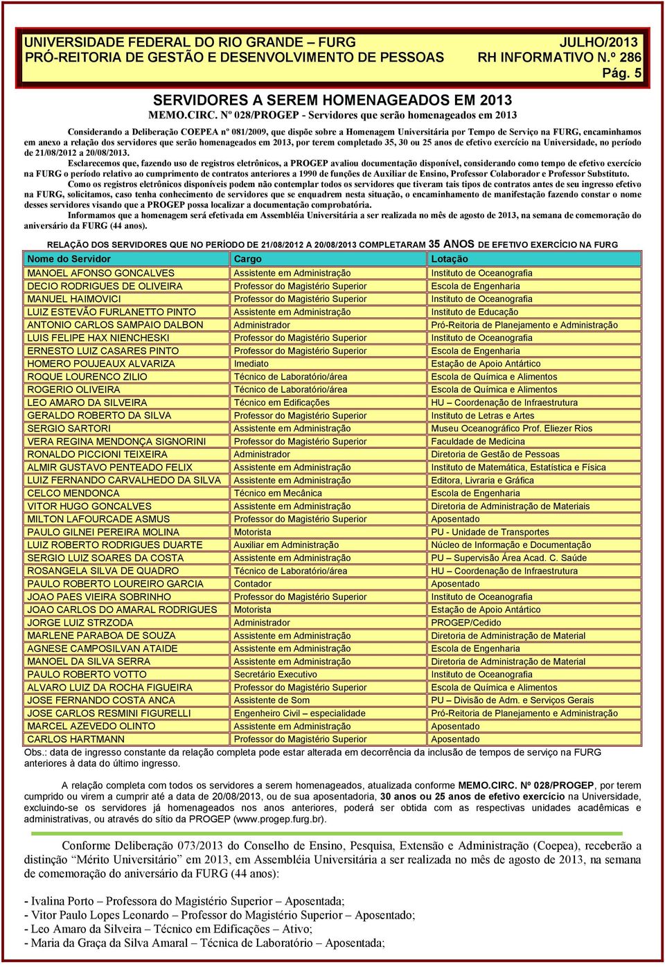 servidores que serão homengedos em 2013, por terem completdo 35, 30 ou 25 nos de efetivo exercício n Universidde, no período de 21/08/2012 20/08/2013.