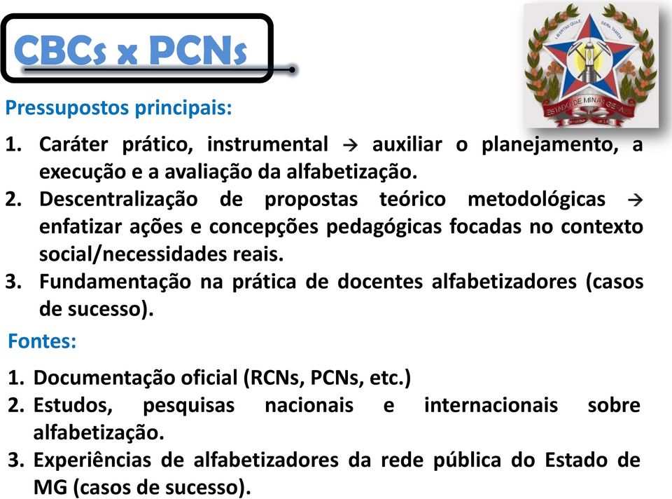 3. Fundamentação na prática de docentes alfabetizadores (casos de sucesso). Fontes: 1. Documentação oficial (RCNs, PCNs, etc.) 2.
