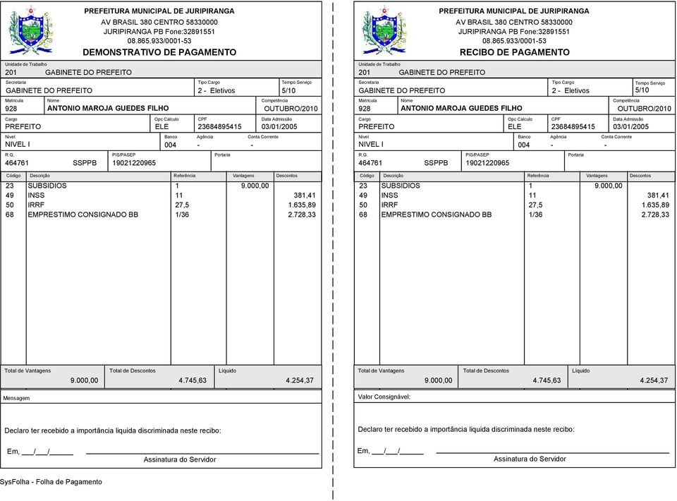 19021220965 03/01/2005 23 SUBSIDIOS 1 9.000,00 23 SUBSIDIOS 1 9.000,00 49 INSS 11 381,41 49 INSS 11 381,41 50 IRRF 27,5 1.635,89 50 IRRF 27,5 1.