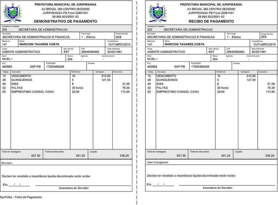 17005486208 02/02/1981 15 VENCIMENTO 10 510,00 15 VENCIMENTO 10 510,00 28 QUINQUENIOS 5 127,50 28 QUINQUENIOS 5 127,50 49 INSS 8 51,00 49 INSS 8 51,00 52 FALTAS 30