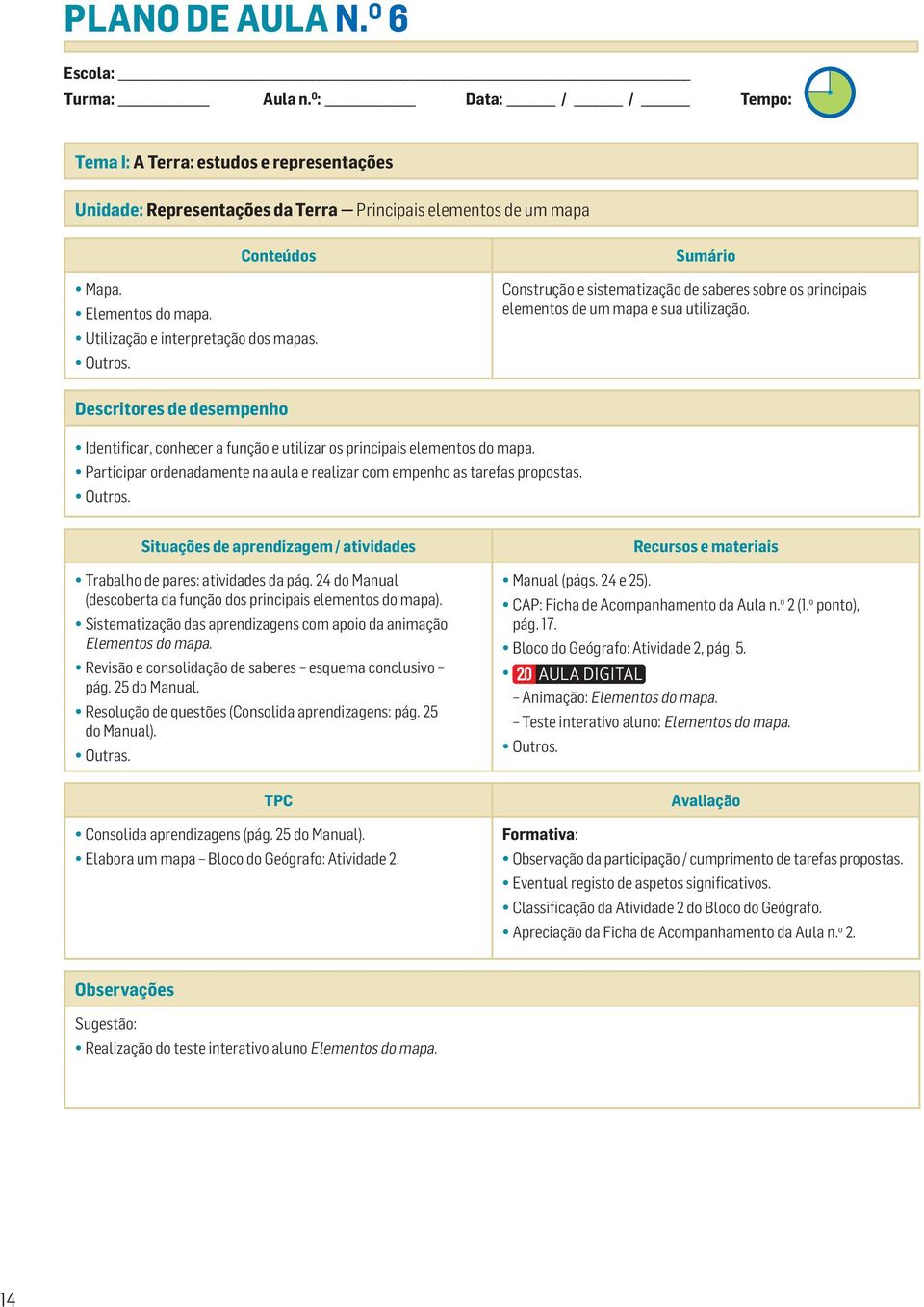 Trabalho de pares: atividades da pág. 24 do Manual (descoberta da função dos principais elementos do mapa). Sistematização das aprendizagens com apoio da animação Elementos do mapa.