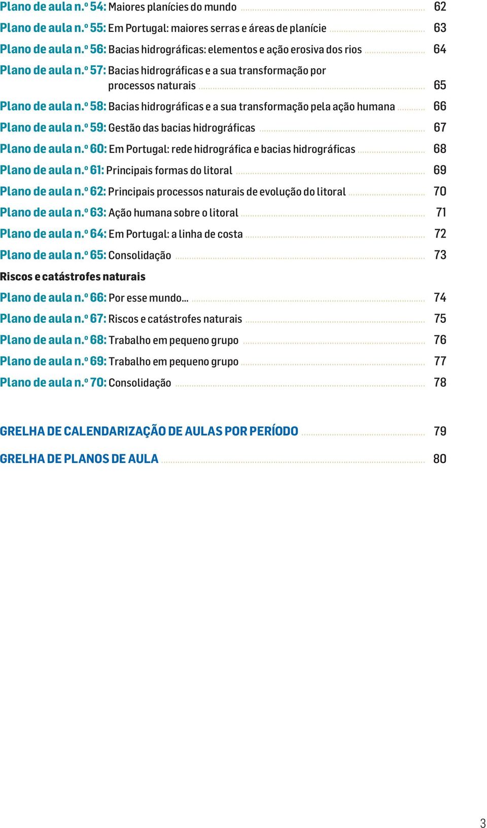 o 58: Bacias hidrográficas e a sua transformação pela ação humana... 66 Plano de aula n. o 59: Gestão das bacias hidrográficas... 67 Plano de aula n.