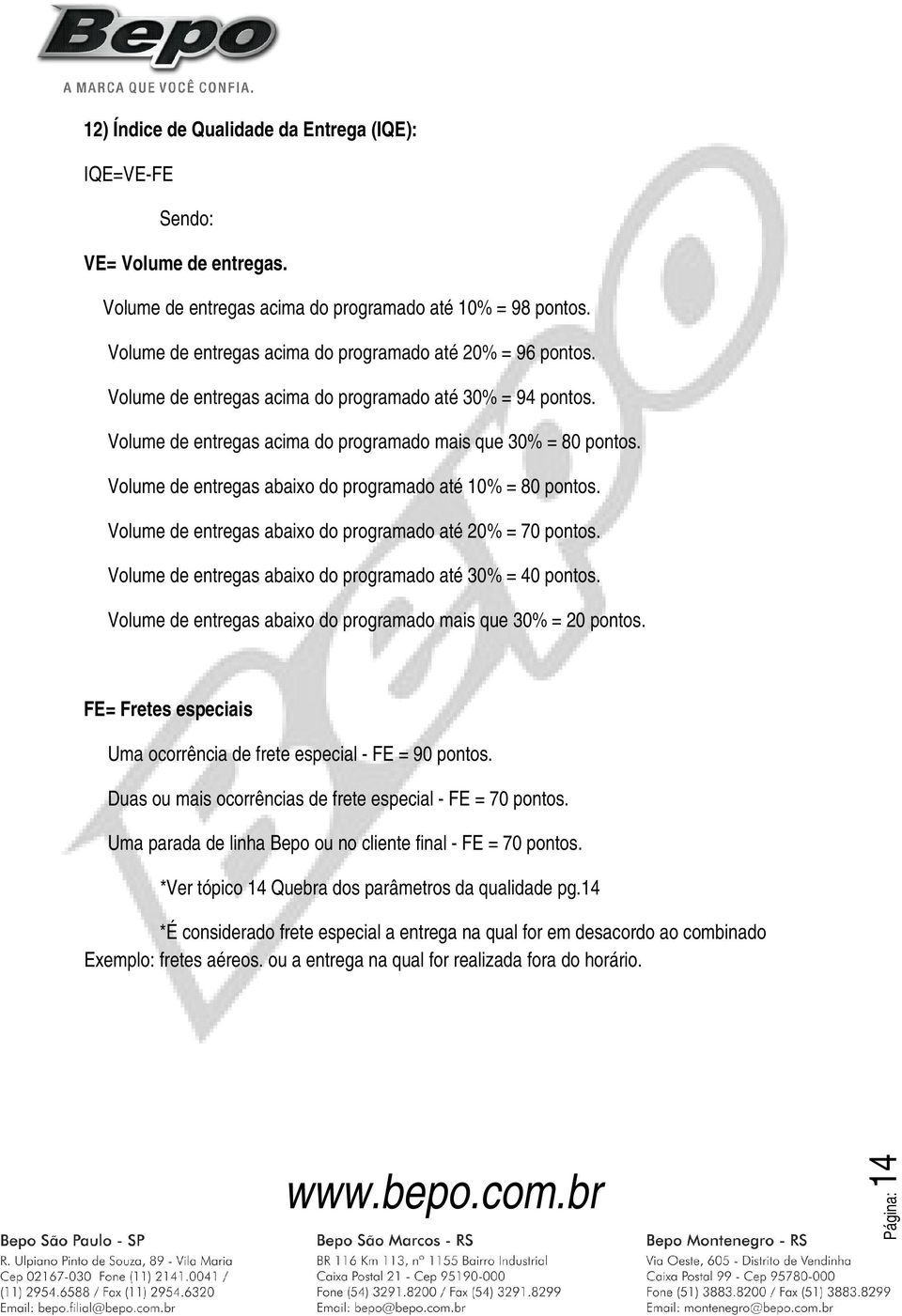 Volume de entregas abaixo do programado até 10% = 80 pontos. Volume de entregas abaixo do programado até 20% = 70 pontos. Volume de entregas abaixo do programado até 30% = 40 pontos.