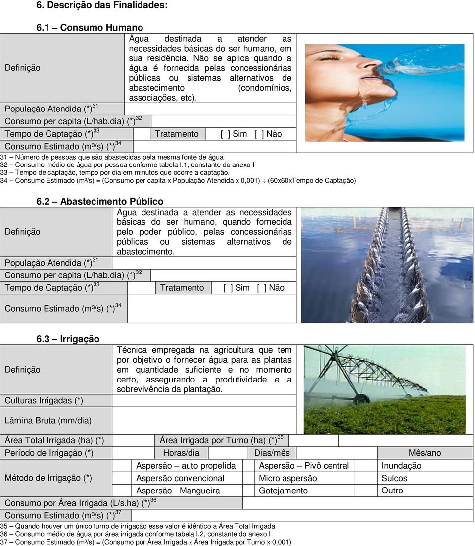 dia) (*) 32 Tempo de Captação (*) 33 Tratamento [ ] Sim [ ] Não Consumo Estimado (m³/s) (*) 34 31 Número de pessoas que são abastecidas pela mesma fonte de água 32 Consumo médio de água por pessoa