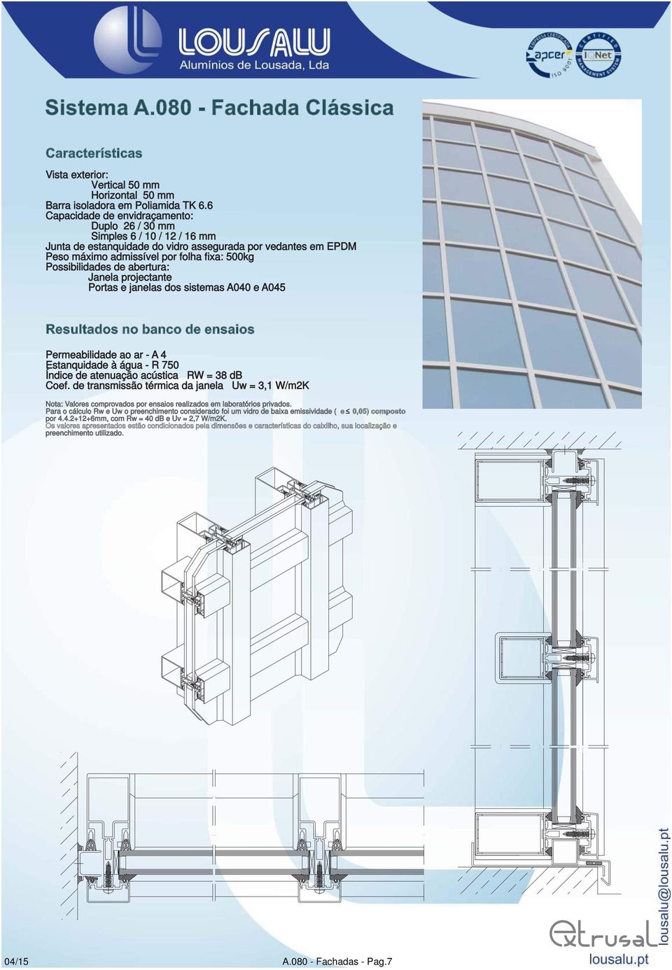 de abertura: Janela projectante Portas e janelas dos sistemas A040 e A045 Resultados no banco de ensaios Permeabilidade ao ar - A 4 Estanquidade à água - R 750 Índice de atenuação acústica RW = 38 db