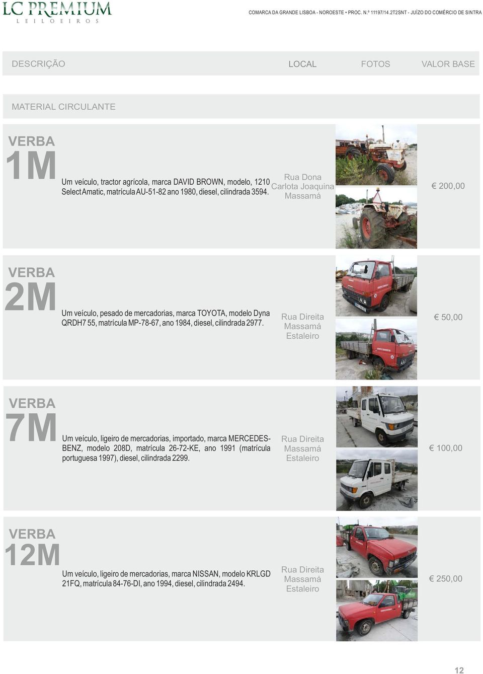 Rua Direita Massamá Estaleiro 50,00 7M Um veículo, ligeiro de mercadorias, importado, marca MERCEDES- BENZ, modelo 208D, matrícula 26-72-KE, ano 1991 (matrícula portuguesa 1997),