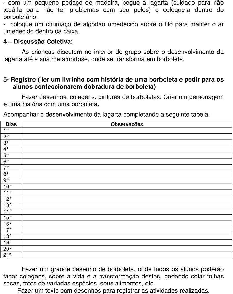 4 Discussão Coletiva: As crianças discutem no interior do grupo sobre o desenvolvimento da lagarta até a sua metamorfose, onde se transforma em borboleta.