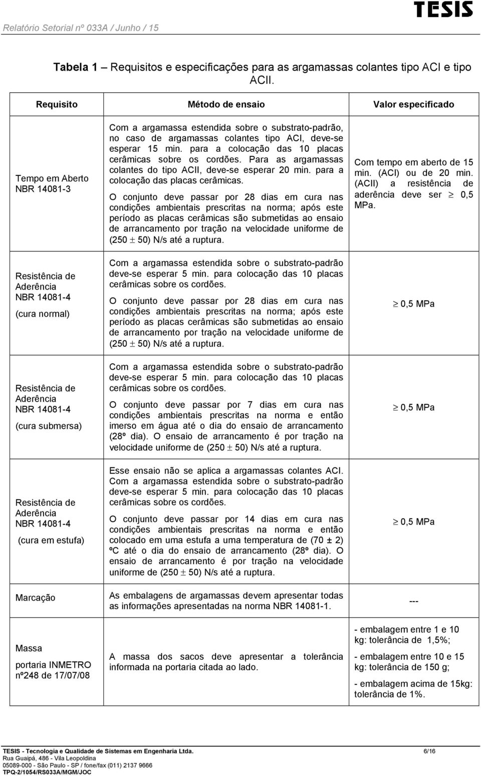 Aderência NBR 14081-4 (cura em estufa) Marcação Massa portaria INMETRO nº248 de 17/07/08 Com a argamassa estendida sobre o substrato-padrão, no caso de argamassas colantes tipo ACI, deve-se esperar