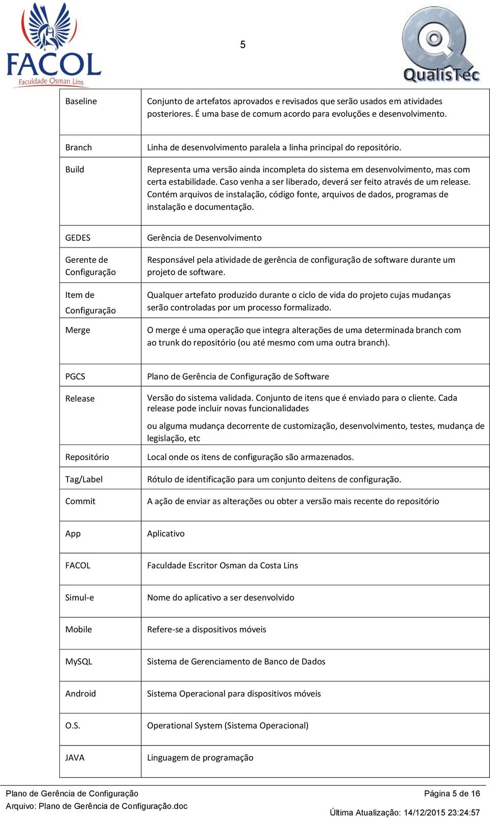 Caso venha a ser liberado, deverá ser feito através de um release. Contém arquivos de instalação, código fonte, arquivos de dados, programas de instalação e documentação.