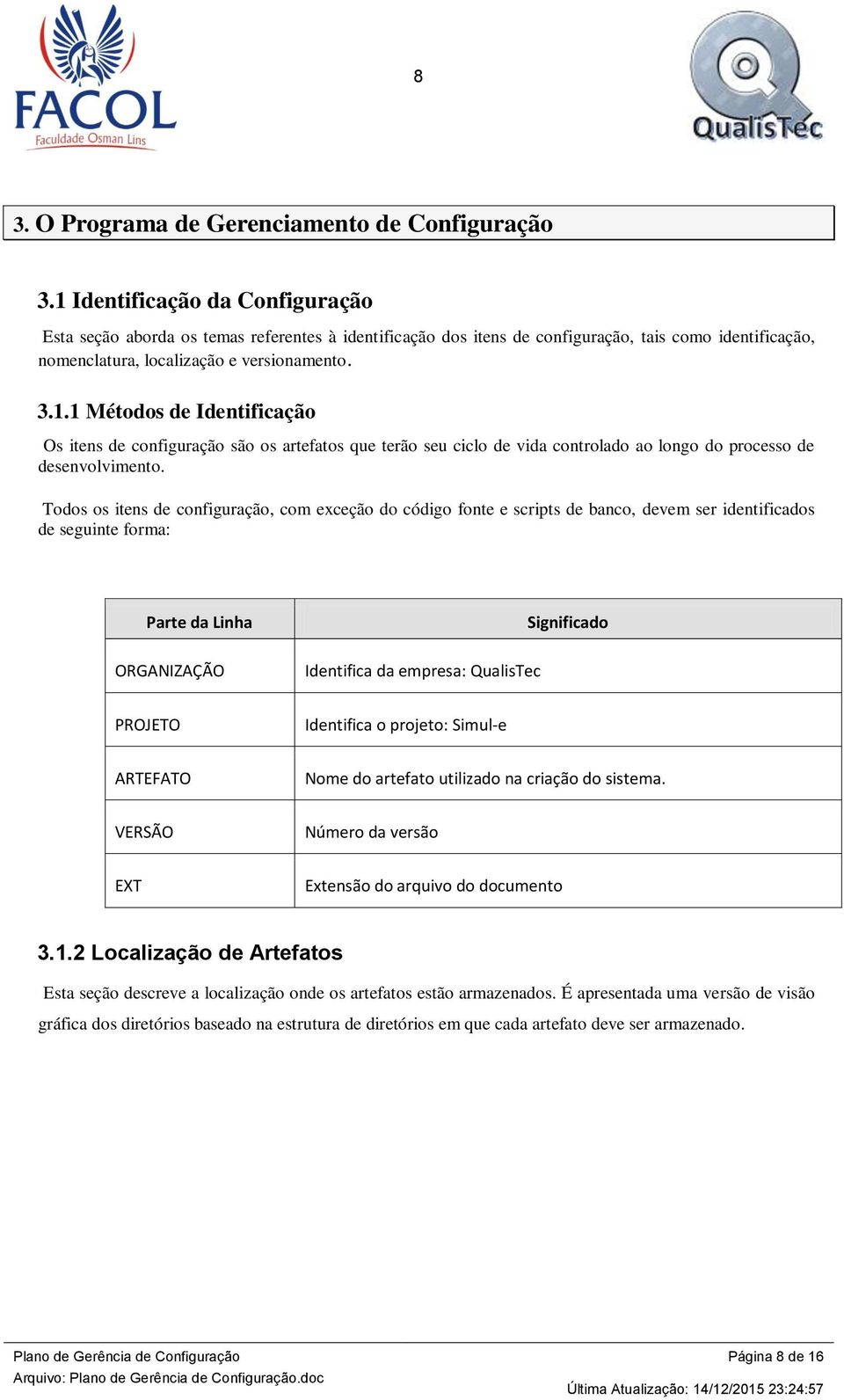 Todos os itens de configuração, com exceção do código fonte e scripts de banco, devem ser identificados de seguinte forma: Parte da Linha ORGANIZAÇÃO Identifica da empresa: QualisTec Significado