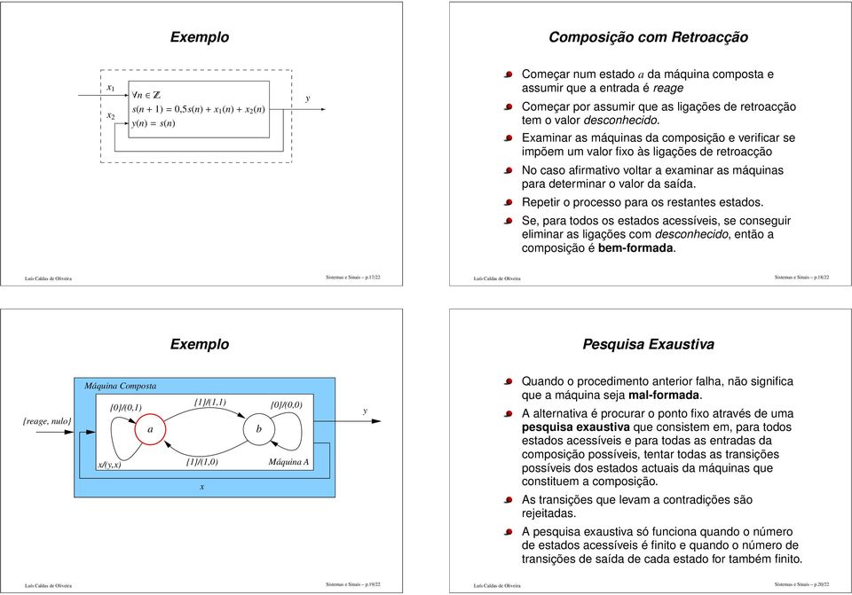 Repetir o processo para os restantes estados. Se, para todos os estados acessíveis, se conseguir eliminar as ligações com desconhecido, então a composição é bem-formada. Sistemas e Sinais p.