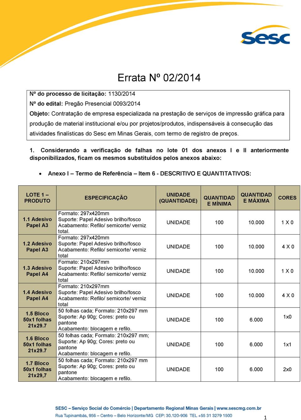 Considerando a verificação de falhas no lote 01 dos anexos I e II anteriormente disponibilizados, ficam os mesmos substituídos pelos anexos abaixo: Anexo I Termo de Referência Item 6 - DESCRITIVO E