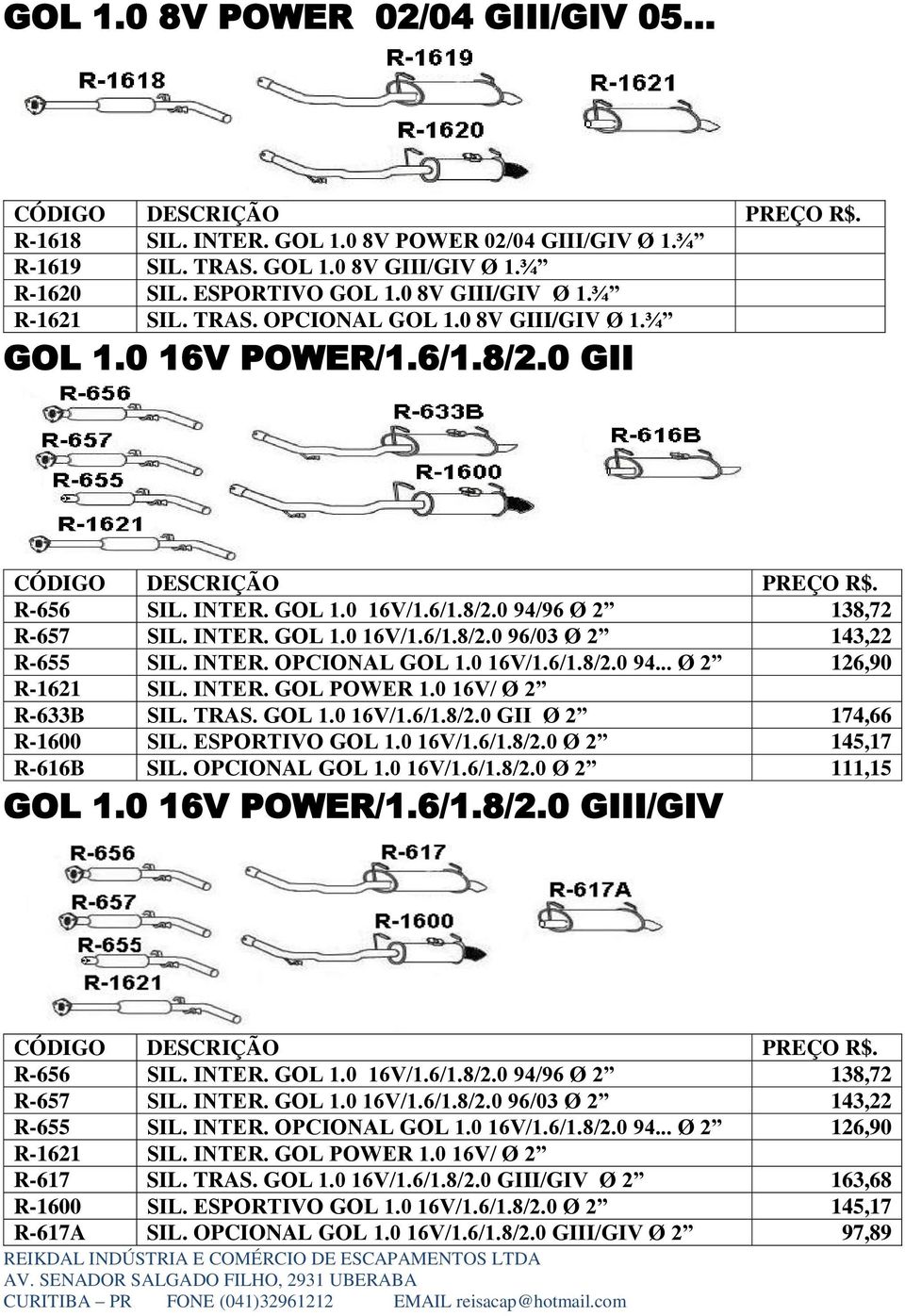 INTER. OPCIONAL GOL 1.0 16V/1.6/1.8/2.0 94... Ø 2 126,90 R-1621 SIL. INTER. GOL POWER 1.0 16V/ Ø 2 R-633B SIL. TRAS. GOL 1.0 16V/1.6/1.8/2.0 GII Ø 2 174,66 R-1600 SIL. ESPORTIVO GOL 1.0 16V/1.6/1.8/2.0 Ø 2 145,17 R-616B SIL.