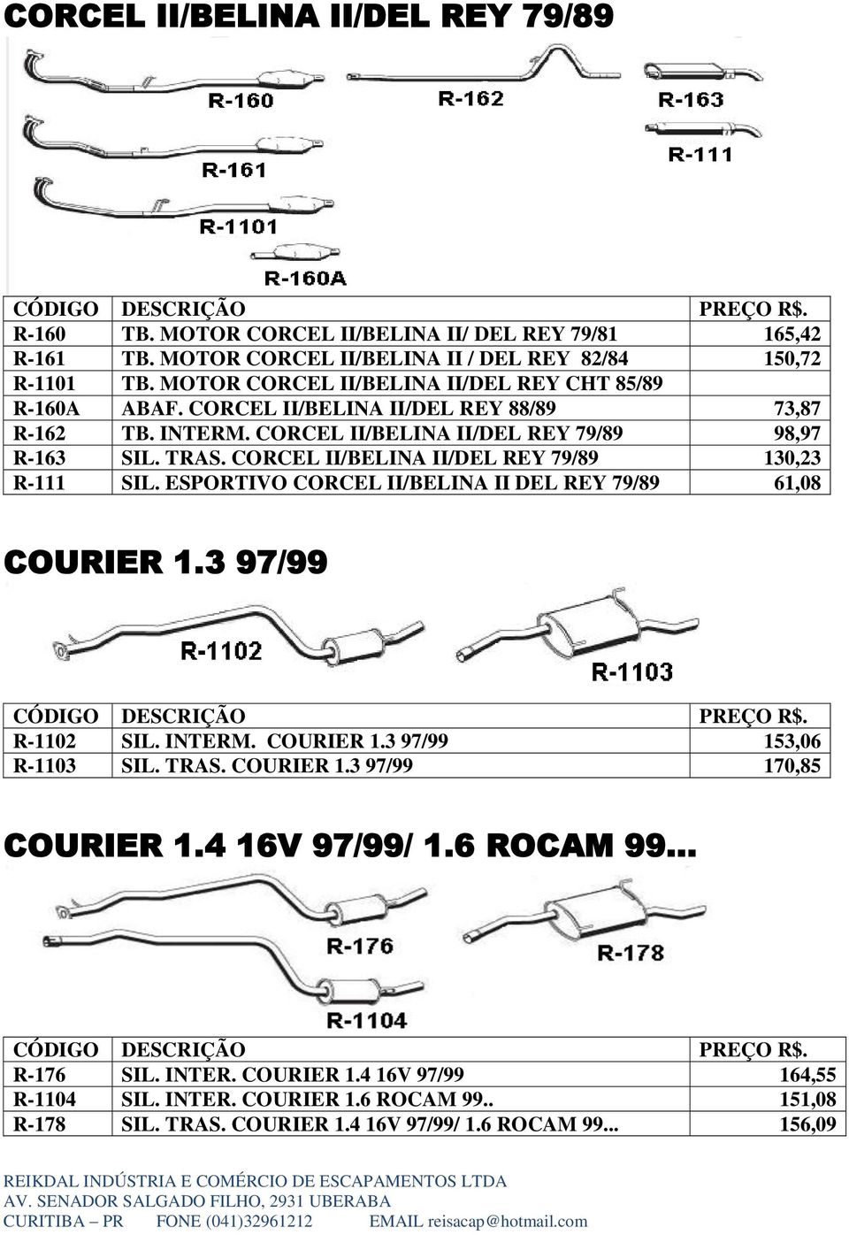 CORCEL II/BELINA II/DEL REY 79/89 130,23 R-111 SIL. ESPORTIVO CORCEL II/BELINA II DEL REY 79/89 61,08 COURIER 1.3 97/99 R-1102 SIL. INTERM. COURIER 1.3 97/99 153,06 R-1103 SIL. TRAS.