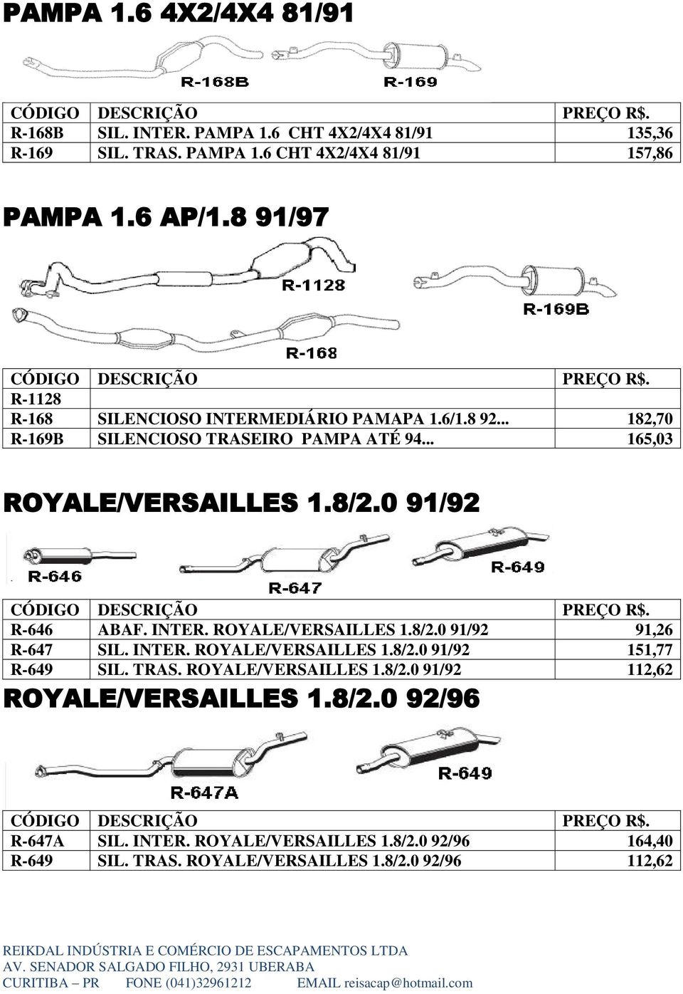 0 91/92 R-646 ABAF. INTER. ROYALE/VERSAILLES 1.8/2.0 91/92 91,26 R-647 SIL. INTER. ROYALE/VERSAILLES 1.8/2.0 91/92 151,77 R-649 SIL. TRAS.