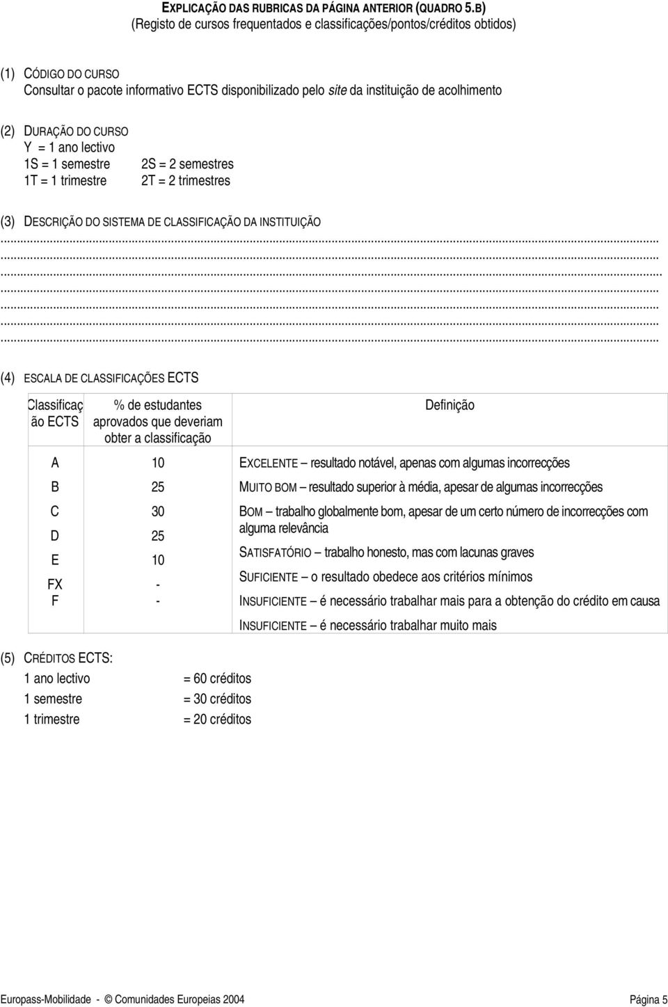 DURAÇÃO DO CURSO Y = 1 ano lectivo 1S = 1 semestre 1T = 1 trimestre 2S = 2 semestres 2T = 2 trimestres (3) DESCRIÇÃO DO SISTEMA DE CLASSIFICAÇÃO DA INSTITUIÇÃO.