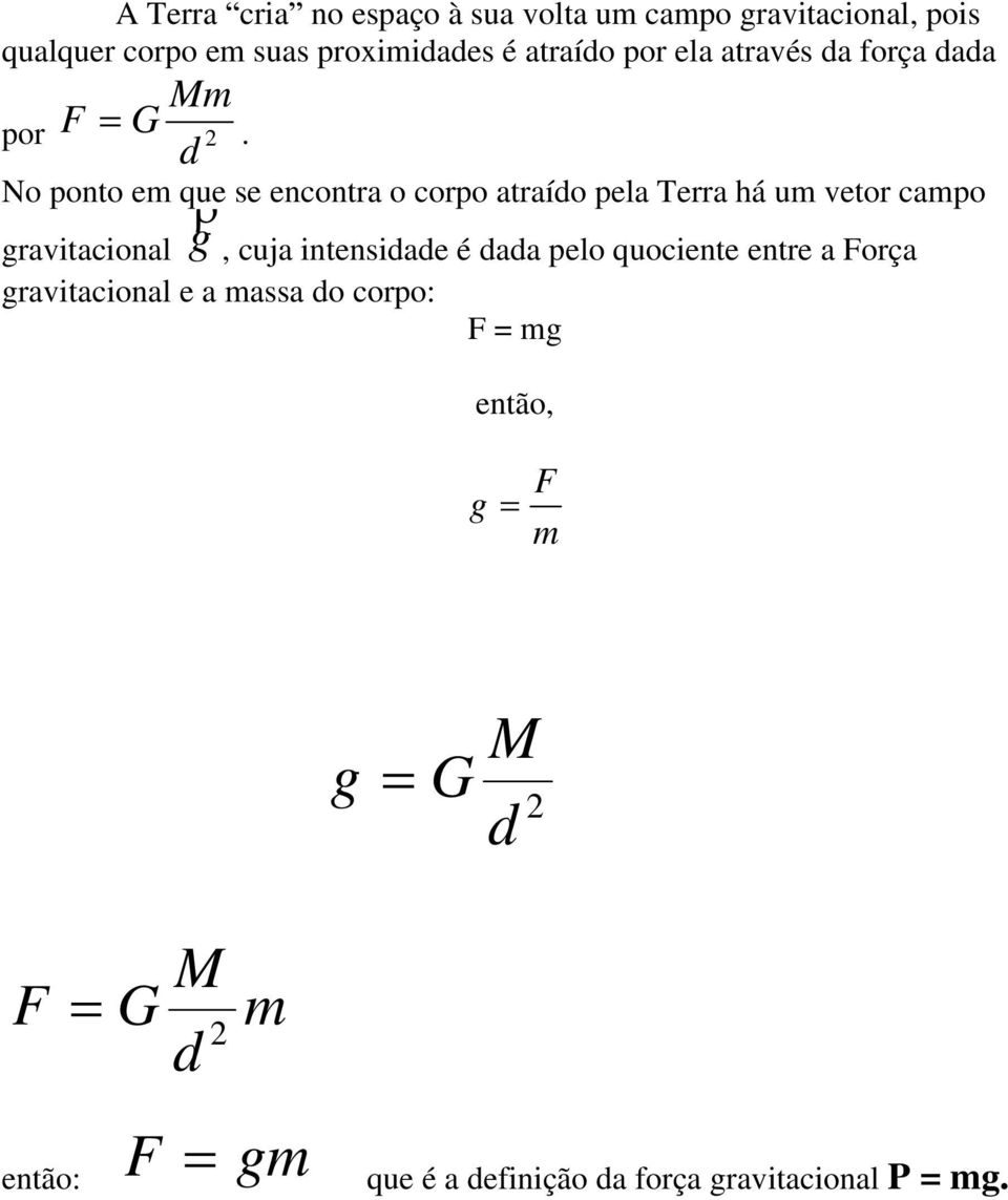 No ponto em que se encontra o corpo atraío pela Terra há um vetor campo gravitacional g, cuja