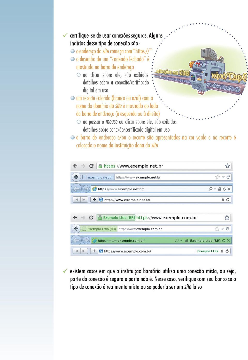 conexão/certificado digital em uso um recorte colorido (branco ou azul) com o nome do domínio do site é mostrado ao lado da barra de endereço (à esquerda ou à direita) ao passar o mouse ou clicar
