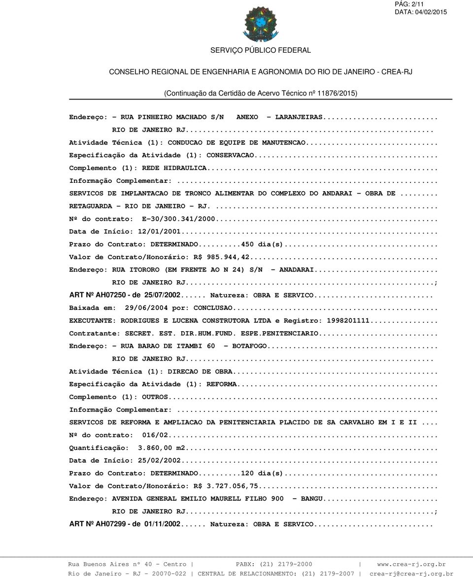 .. Data de Início: 12/01/2001... Prazo do Contrato: DETERMINADO...450 dia(s)... Valor de Contrato/Honorário: R$ 985.944,42... Endereço: RUA ITORORO (EM FRENTE AO N 24) S/N - ANADARAI.