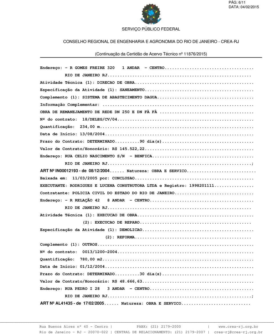 .. Valor de Contrato/Honorário: R$ 145.522,22... Endereço: RUA CELIO NASCIMENTO S/N - BENFICA... ; ART Nº IN00012193 - de 08/12/2004... Natureza: OBRA E SERVICO... Baixada em: 11/03/2005 por: CONCLUSAO.