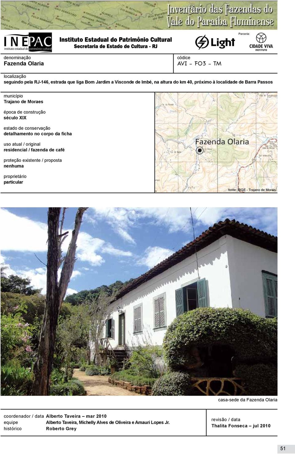 residencial / fazenda de café proteção existente / proposta nenhuma proprietário particular fonte: IBGE - Trajano de Morais casa-sede da Olaria coordenador /