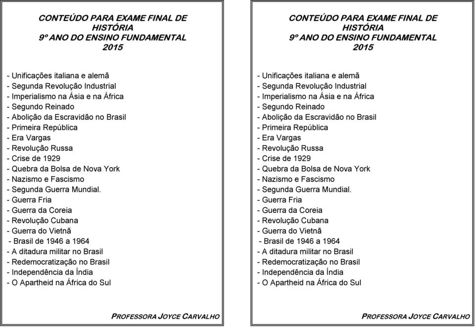 - Guerra Fria - Guerra da Coreia - Revolução Cubana - Guerra do Vietnã - Brasil de 1946 a 1964 - A ditadura militar no Brasil - Redemocratização no Brasil - Independência da Índia - O Apartheid na