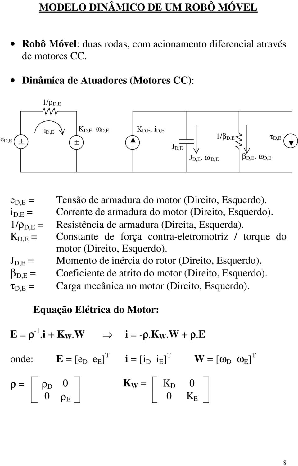 1/ρ D,E = Resistência de armadura (Direita, Esquerda). K D,E = Constante de força contra-eletromotriz / torque do motor (Direito, Esquerdo). J D,E = Momento de inércia do rotor (Direito, Esquerdo).